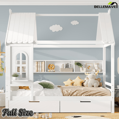 Bellemave® Twin House Bed with Drawers and Window, Solid Wood House Platform Bed with Shelves, Twin Bed Frame with House - shaped Roof for Kids, Boys, Girls, No Box Spring Needed and Childlike Design, Natural - Bellemave