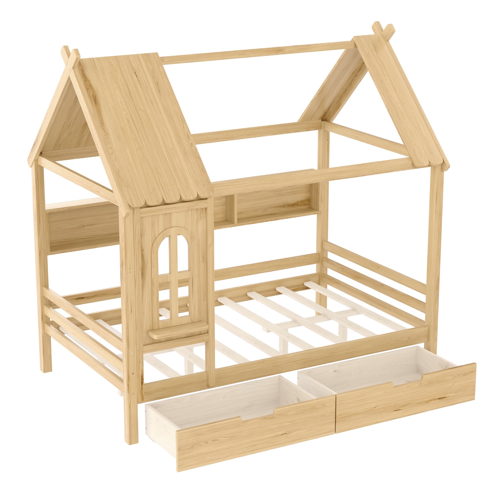 Bellemave® Twin House Bed with Drawers and Window, Solid Wood House Platform Bed with Shelves, Twin Bed Frame with House - shaped Roof for Kids, Boys, Girls, No Box Spring Needed and Childlike Design, Natural - Bellemave