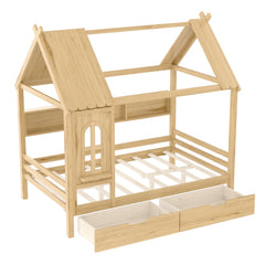 Bellemave® Twin House Bed with Drawers and Window, Solid Wood House Platform Bed with Shelves, Twin Bed Frame with House - shaped Roof for Kids, Boys, Girls, No Box Spring Needed and Childlike Design, Natural - Bellemave