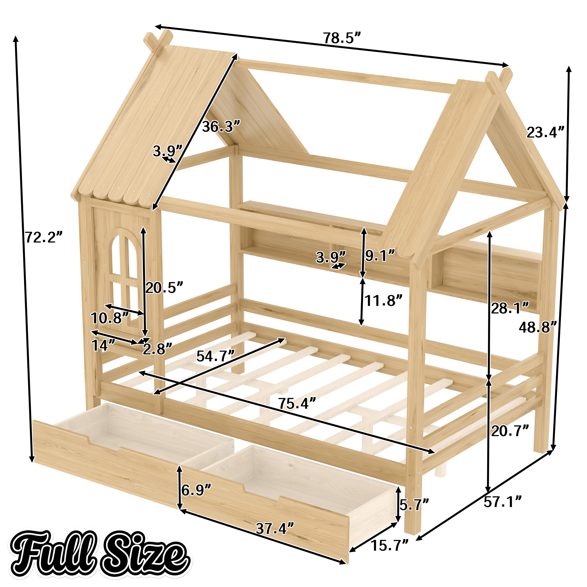 Bellemave® Twin House Bed with Drawers and Window, Solid Wood House Platform Bed with Shelves, Twin Bed Frame with House - shaped Roof for Kids, Boys, Girls, No Box Spring Needed and Childlike Design, Natural - Bellemave
