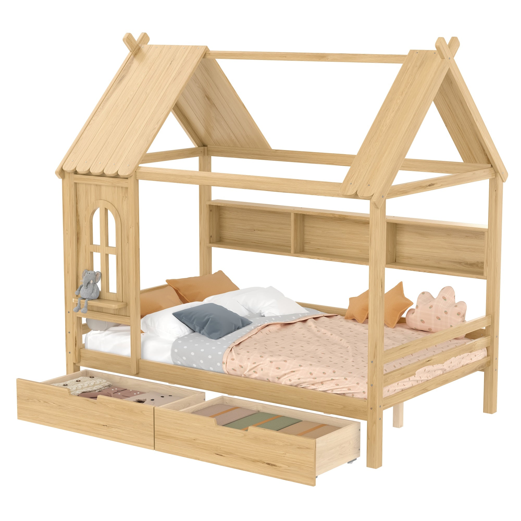 Bellemave® Twin House Bed with Drawers and Window, Solid Wood House Platform Bed with Shelves, Twin Bed Frame with House - shaped Roof for Kids, Boys, Girls, No Box Spring Needed and Childlike Design, Natural - Bellemave