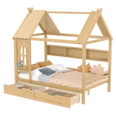 Bellemave® Twin House Bed with Drawers and Window, Solid Wood House Platform Bed with Shelves, Twin Bed Frame with House - shaped Roof for Kids, Boys, Girls, No Box Spring Needed and Childlike Design, Natural - Bellemave