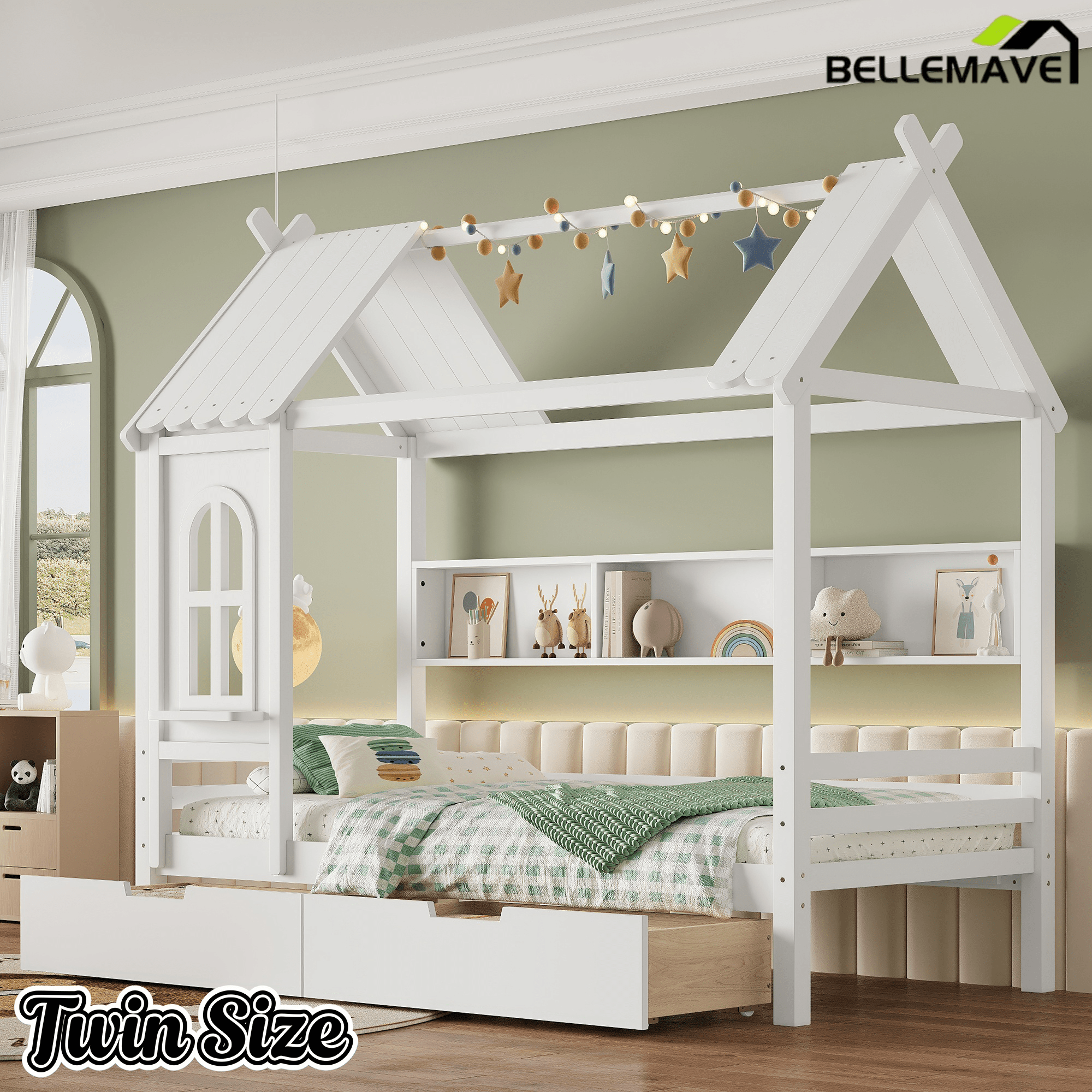 Bellemave® Twin House Bed with Drawers and Window, Solid Wood House Platform Bed with Shelves, Twin Bed Frame with House - shaped Roof for Kids, Boys, Girls, No Box Spring Needed and Childlike Design, Natural - Bellemave