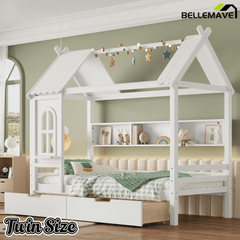 Bellemave® Twin House Bed with Drawers and Window, Solid Wood House Platform Bed with Shelves, Twin Bed Frame with House - shaped Roof for Kids, Boys, Girls, No Box Spring Needed and Childlike Design, Natural - Bellemave