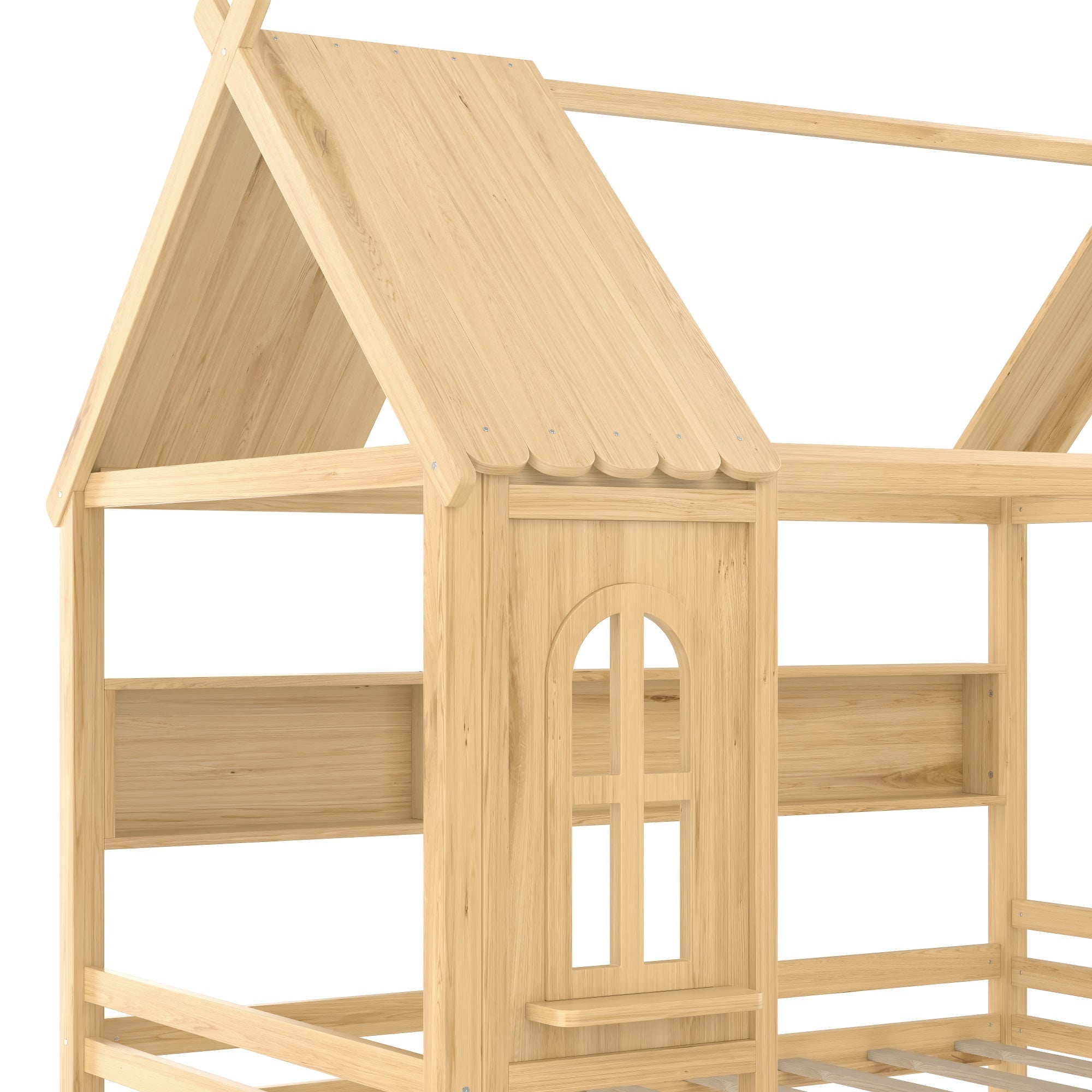 Bellemave® Twin House Bed with Drawers and Window, Solid Wood House Platform Bed with Shelves, Twin Bed Frame with House - shaped Roof for Kids, Boys, Girls, No Box Spring Needed and Childlike Design, Natural - Bellemave