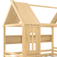 Bellemave® Twin House Bed with Drawers and Window, Solid Wood House Platform Bed with Shelves, Twin Bed Frame with House - shaped Roof for Kids, Boys, Girls, No Box Spring Needed and Childlike Design, Natural - Bellemave