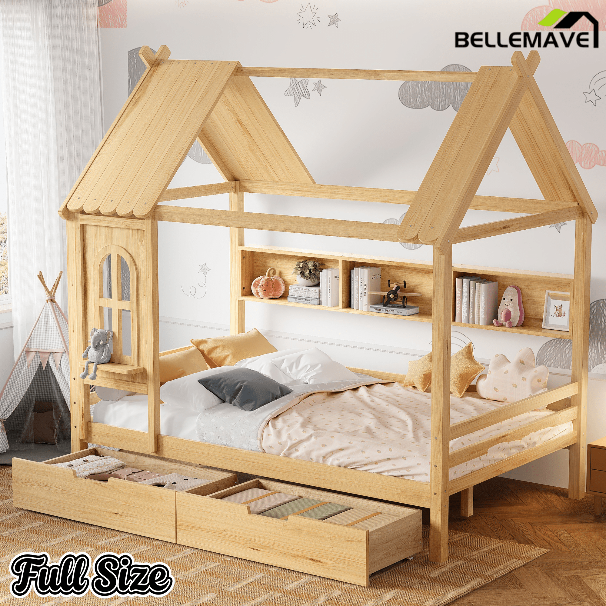 Bellemave® Twin House Bed with Drawers and Window, Solid Wood House Platform Bed with Shelves, Twin Bed Frame with House - shaped Roof for Kids, Boys, Girls, No Box Spring Needed and Childlike Design, Natural - Bellemave