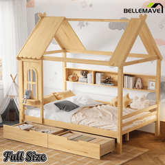 Bellemave® Twin House Bed with Drawers and Window, Solid Wood House Platform Bed with Shelves, Twin Bed Frame with House - shaped Roof for Kids, Boys, Girls, No Box Spring Needed and Childlike Design, Natural - Bellemave