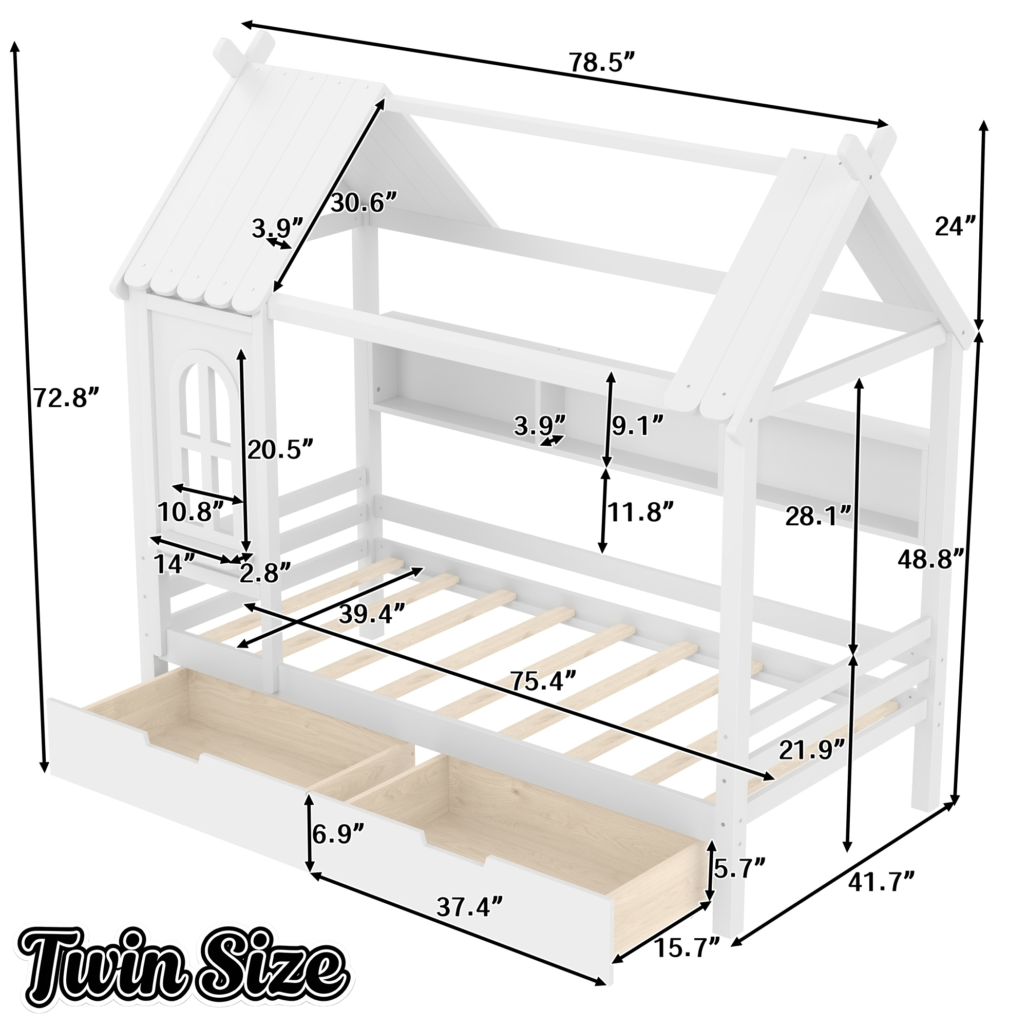 Bellemave® Twin House Bed with Drawers and Window, Solid Wood House Platform Bed with Shelves, Twin Bed Frame with House - shaped Roof for Kids, Boys, Girls, No Box Spring Needed and Childlike Design, Natural - Bellemave