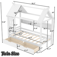 Bellemave® Twin House Bed with Drawers and Window, Solid Wood House Platform Bed with Shelves, Twin Bed Frame with House - shaped Roof for Kids, Boys, Girls, No Box Spring Needed and Childlike Design, Natural - Bellemave
