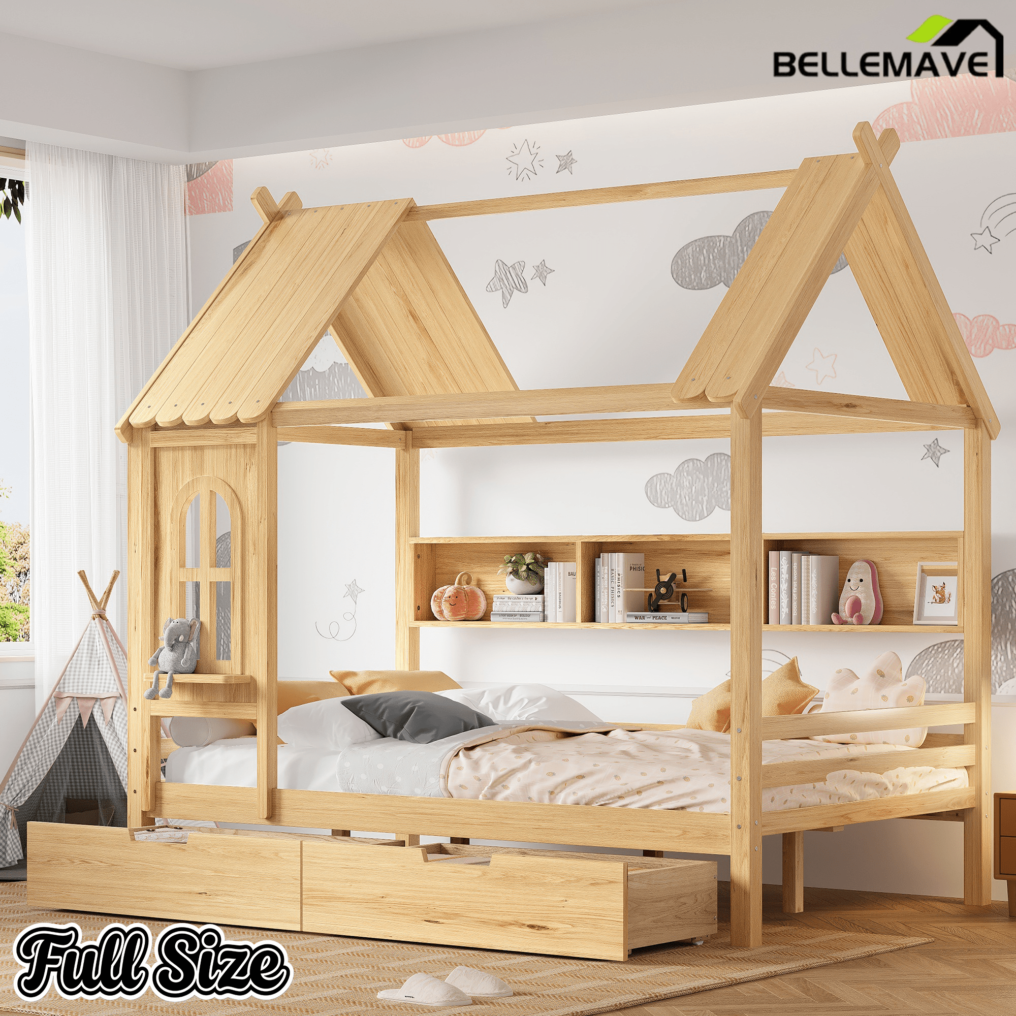 Bellemave® Twin House Bed with Drawers and Window, Solid Wood House Platform Bed with Shelves, Twin Bed Frame with House - shaped Roof for Kids, Boys, Girls, No Box Spring Needed and Childlike Design, Natural - Bellemave