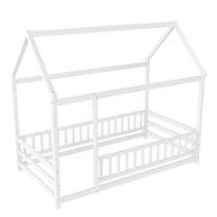 Bellemave® Twin House Bed with Rails for Kids,Montessori Floor beds with high guardrail Without slats, White - Bellemave