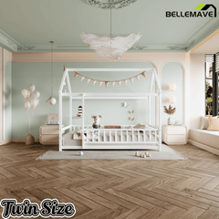 Bellemave® Twin House Bed with Rails for Kids,Montessori Floor beds with high guardrail Without slats, White - Bellemave