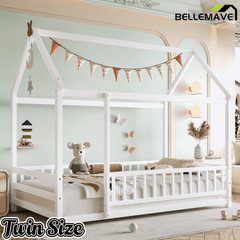 Bellemave® Twin House Bed with Rails for Kids,Montessori Floor beds with high guardrail Without slats, White - Bellemave
