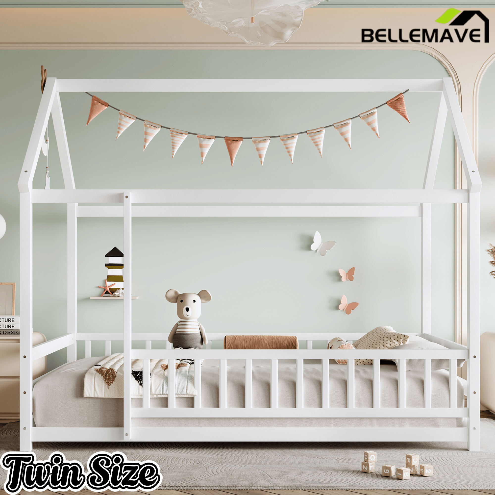 Bellemave® Twin House Bed with Rails for Kids,Montessori Floor beds with high guardrail Without slats, White - Bellemave