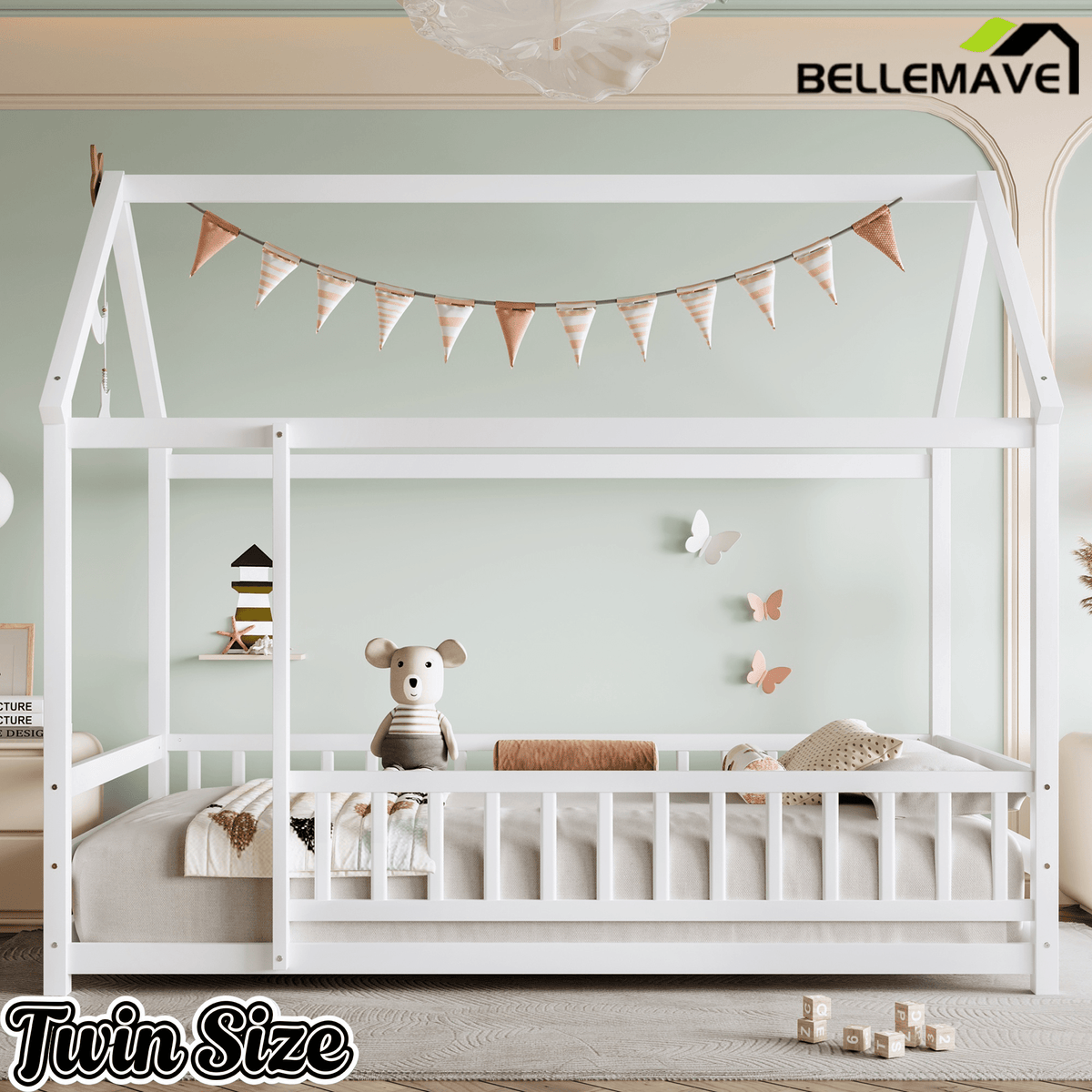 Bellemave® Twin House Bed with Rails for Kids,Montessori Floor beds with high guardrail Without slats, White - Bellemave
