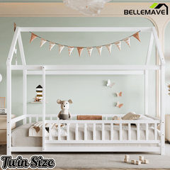 Bellemave® Twin House Bed with Rails for Kids,Montessori Floor beds with high guardrail Without slats, White - Bellemave