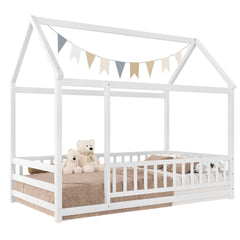 Bellemave® Twin House Bed with Rails for Kids,Montessori Floor beds with high guardrail Without slats, White - Bellemave