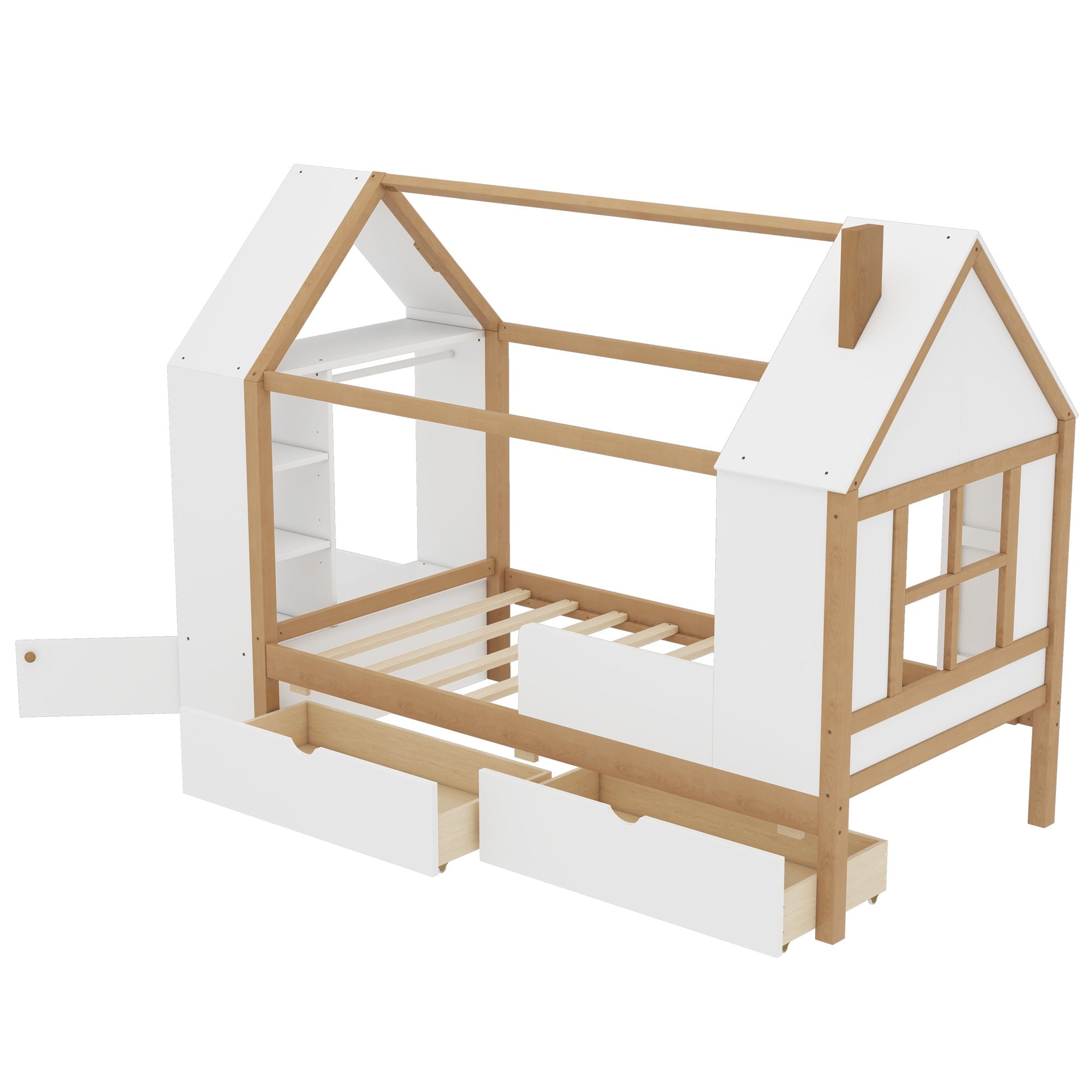Bellemave® Twin House Bed with Storage Drawers & Wardrobe | Wood Kids Bed Frame with Roof - Bellemave