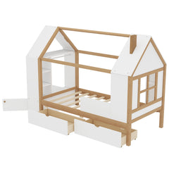 Bellemave® Twin House Bed with Storage Drawers & Wardrobe | Wood Kids Bed Frame with Roof - Bellemave