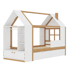 Bellemave® Twin House Bed with Storage Drawers & Wardrobe | Wood Kids Bed Frame with Roof - Bellemave