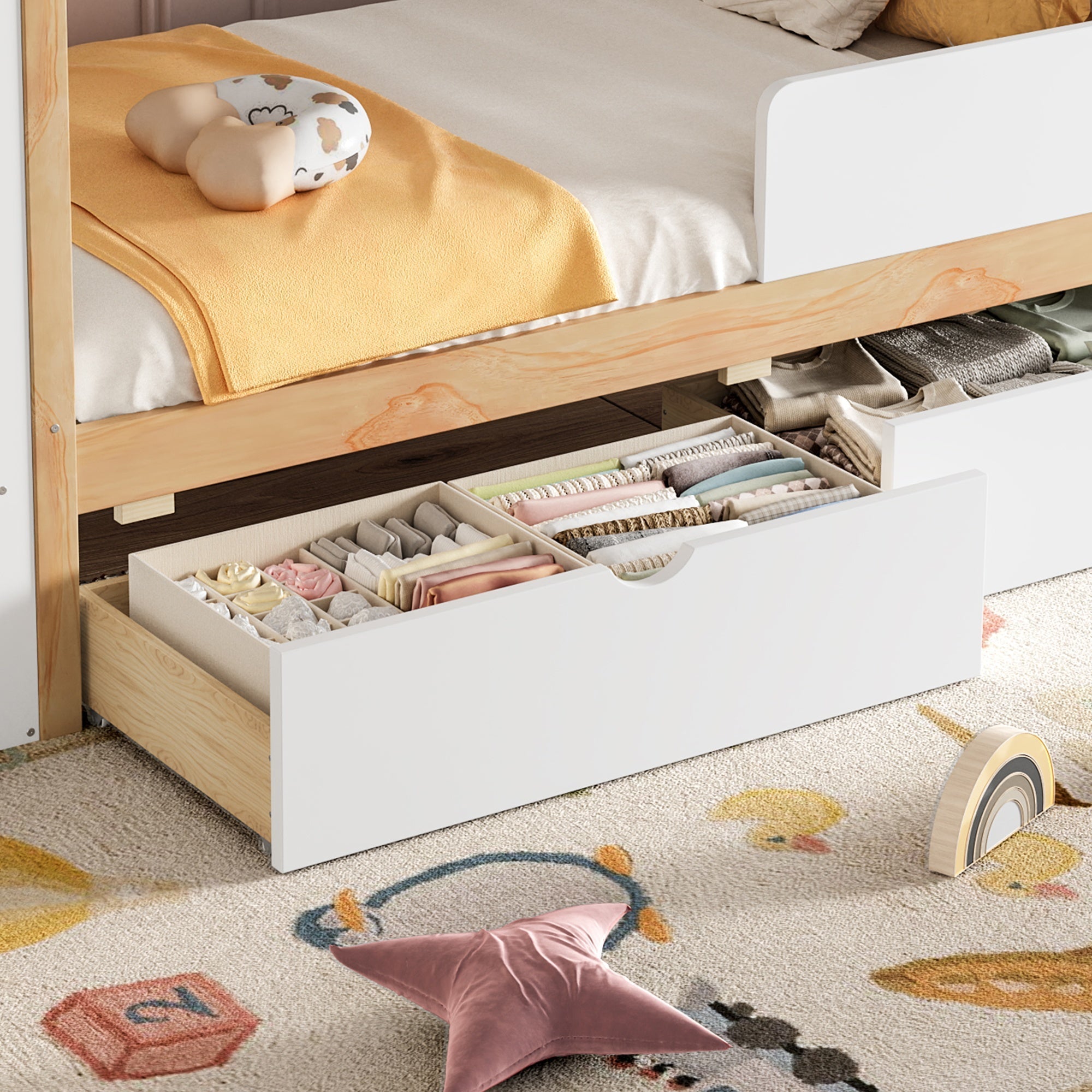 Bellemave® Twin House Bed with Storage Drawers & Wardrobe | Wood Kids Bed Frame with Roof - Bellemave