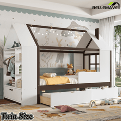 Bellemave® Twin House Bed with Storage Drawers & Wardrobe | Wood Kids Bed Frame with Roof - Bellemave