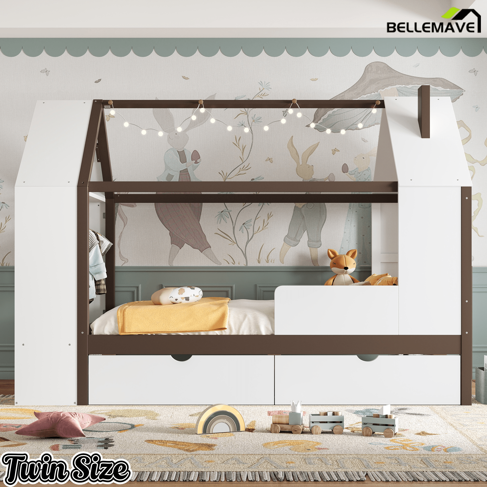 Bellemave® Twin House Bed with Storage Drawers & Wardrobe | Wood Kids Bed Frame with Roof - Bellemave