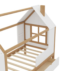 Bellemave® Twin House Bed with Storage Drawers & Wardrobe | Wood Kids Bed Frame with Roof - Bellemave