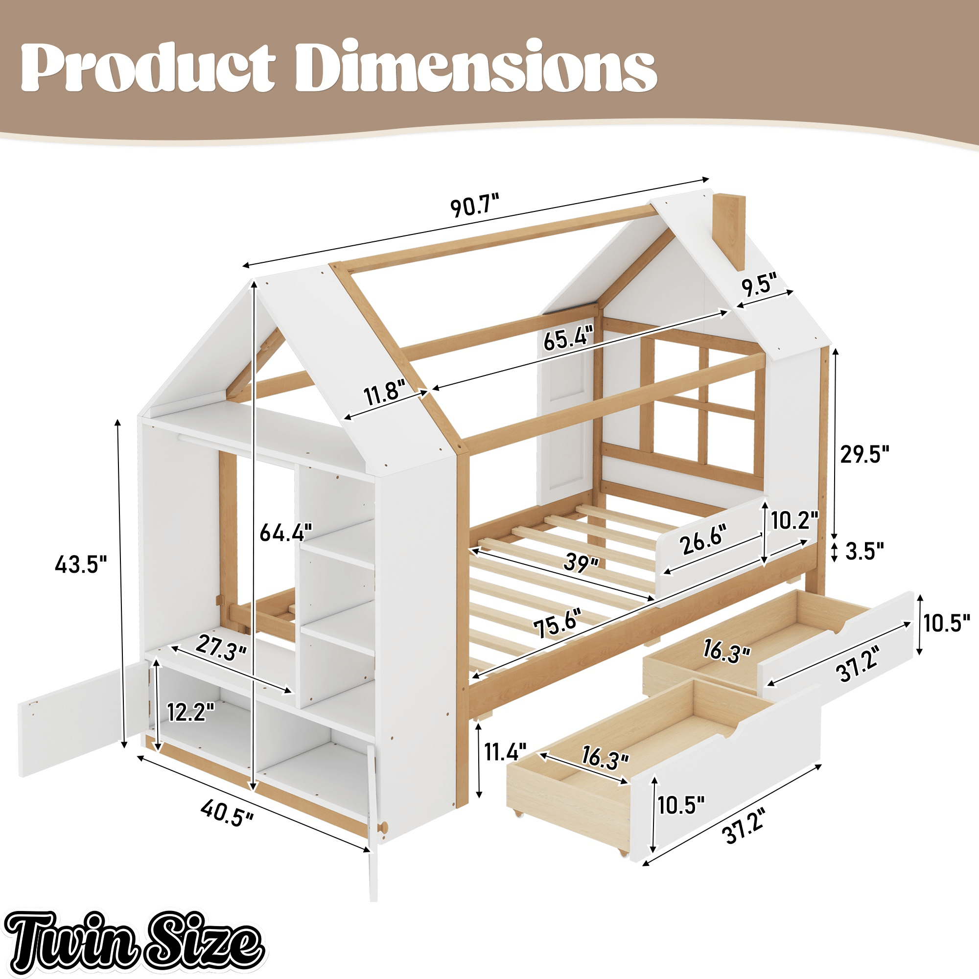 Bellemave® Twin House Bed with Storage Drawers & Wardrobe | Wood Kids Bed Frame with Roof - Bellemave