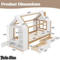 Bellemave® Twin House Bed with Storage Drawers & Wardrobe | Wood Kids Bed Frame with Roof - Bellemave