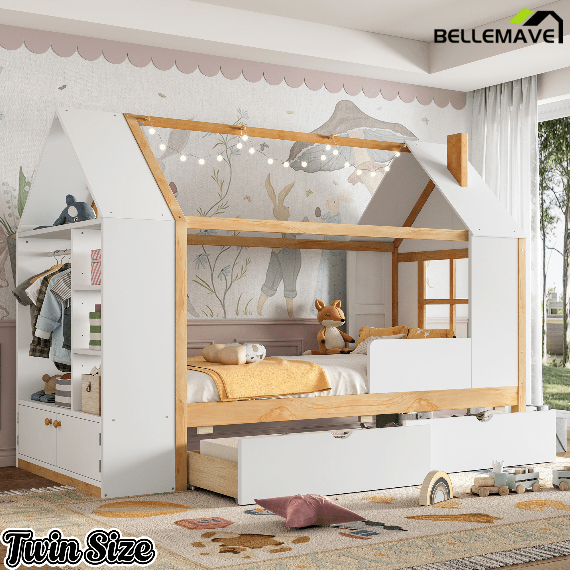 Bellemave® Twin House Bed with Storage Drawers & Wardrobe | Wood Kids Bed Frame with Roof - Bellemave
