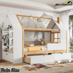 Bellemave® Twin House Bed with Storage Drawers & Wardrobe | Wood Kids Bed Frame with Roof - Bellemave