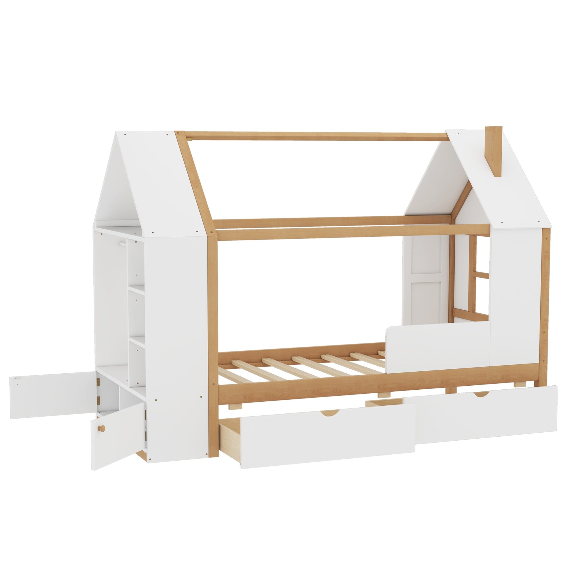 Bellemave® Twin House Bed with Storage Drawers & Wardrobe | Wood Kids Bed Frame with Roof - Bellemave