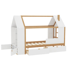 Bellemave® Twin House Bed with Storage Drawers & Wardrobe | Wood Kids Bed Frame with Roof - Bellemave