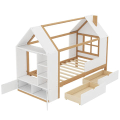Bellemave® Twin House Bed with Storage Drawers & Wardrobe | Wood Kids Bed Frame with Roof - Bellemave