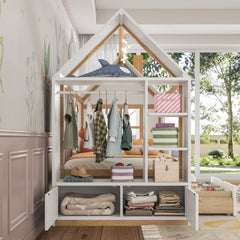 Bellemave® Twin House Bed with Storage Drawers & Wardrobe | Wood Kids Bed Frame with Roof - Bellemave
