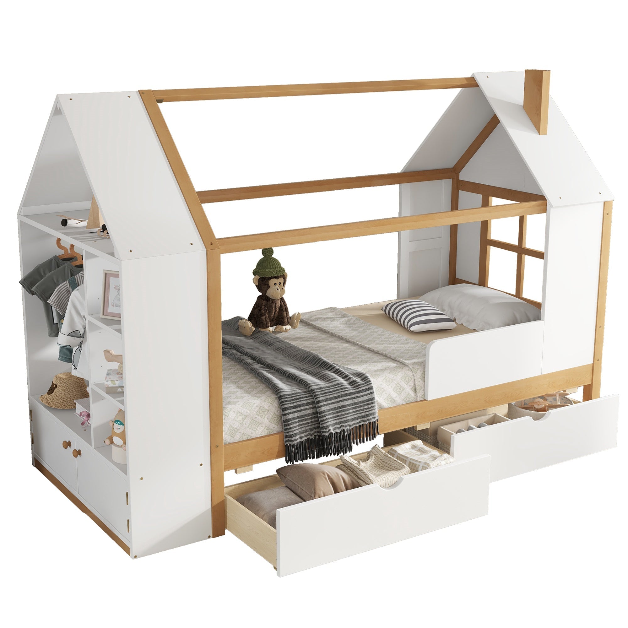 Bellemave® Twin House Bed with Storage Drawers & Wardrobe | Wood Kids Bed Frame with Roof - Bellemave