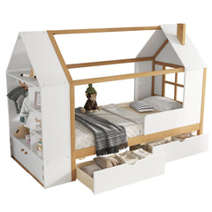 Bellemave® Twin House Bed with Storage Drawers & Wardrobe | Wood Kids Bed Frame with Roof - Bellemave
