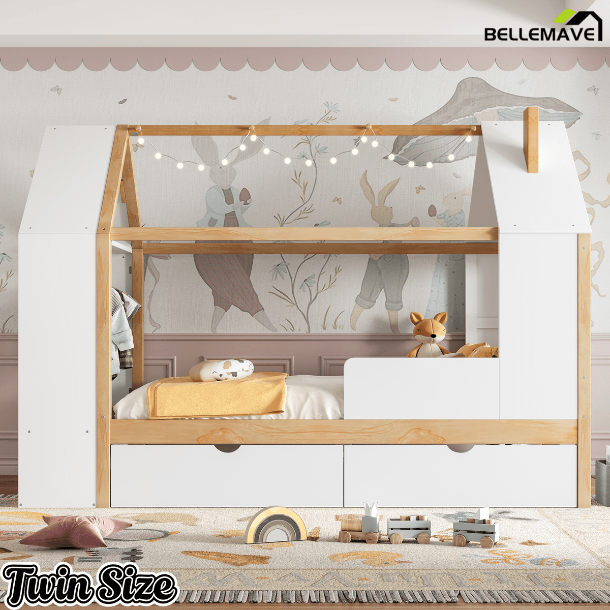 Bellemave® Twin House Bed with Storage Drawers & Wardrobe | Wood Kids Bed Frame with Roof - Bellemave