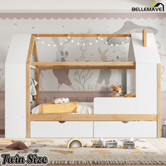 Bellemave® Twin House Bed with Storage Drawers & Wardrobe | Wood Kids Bed Frame with Roof - Bellemave