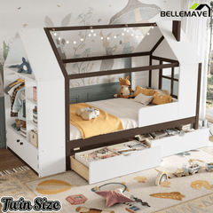 Bellemave® Twin House Bed with Storage Drawers & Wardrobe | Wood Kids Bed Frame with Roof - Bellemave