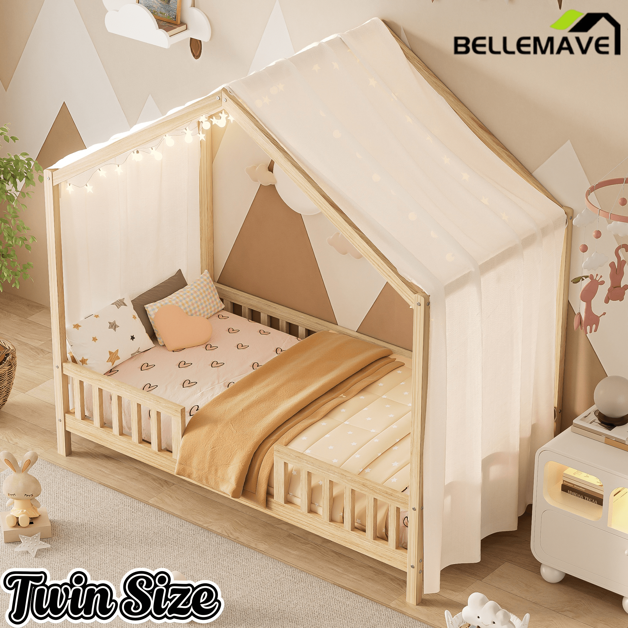 Bellemave® Twin House BedFrame with Canopy, Montessori Floor Bed, House Bed with Rails for Kids, Natural - Bellemave