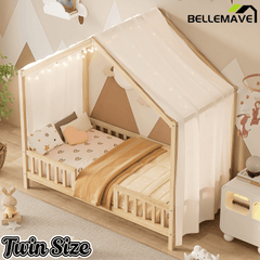 Bellemave® Twin House BedFrame with Canopy, Montessori Floor Bed, House Bed with Rails for Kids, Natural - Bellemave