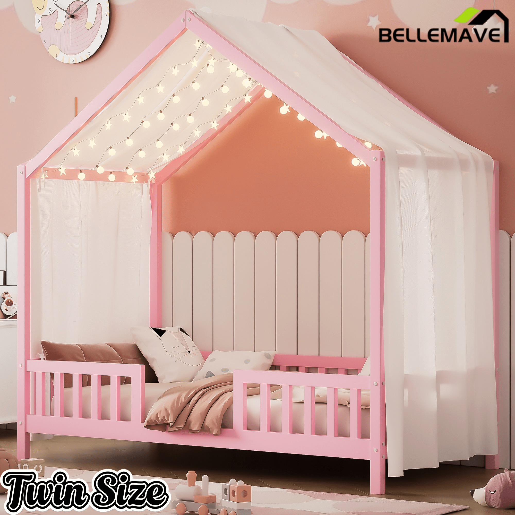 Bellemave® Twin House BedFrame with Canopy, Montessori Floor Bed, House Bed with Rails for Kids, Natural - Bellemave
