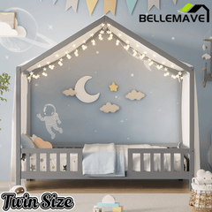 Bellemave® Twin House BedFrame with Canopy, Montessori Floor Bed, House Bed with Rails for Kids, Natural - Bellemave