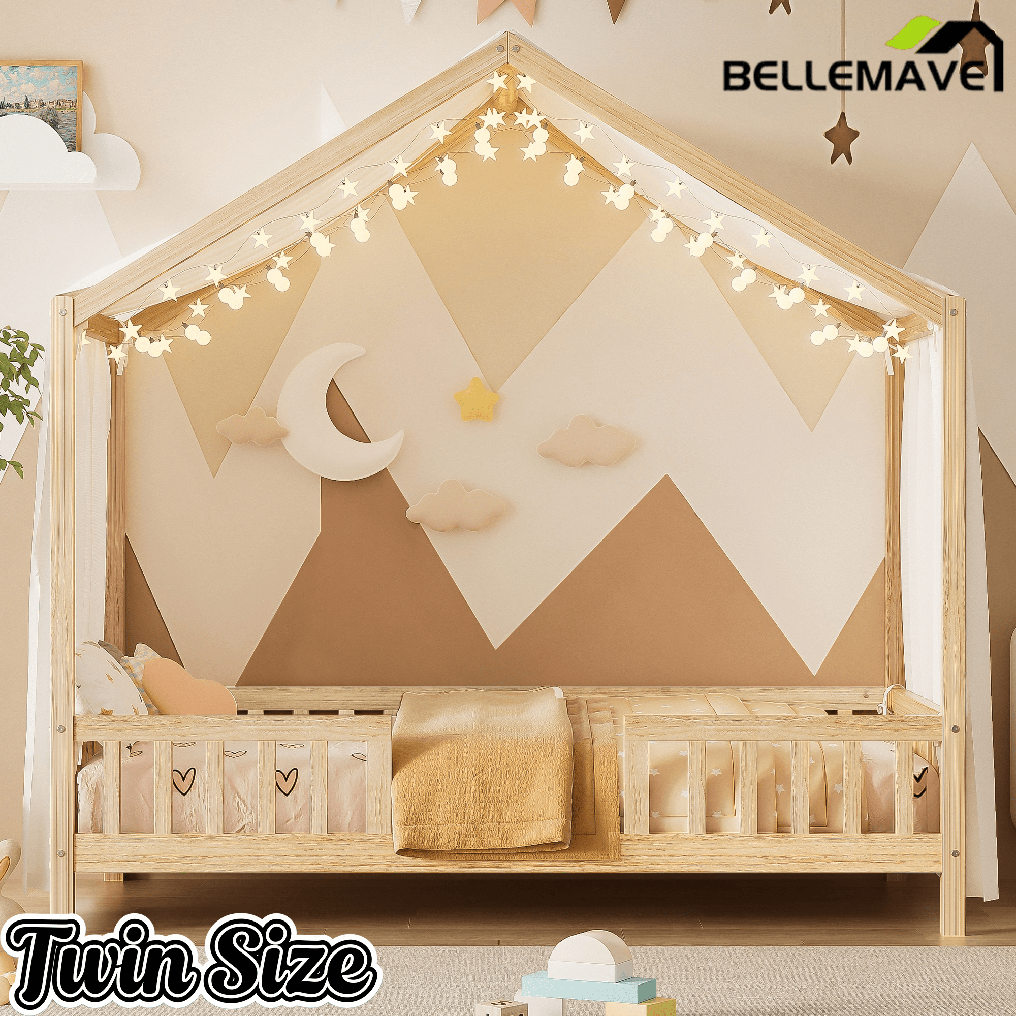 Bellemave® Twin House BedFrame with Canopy, Montessori Floor Bed, House Bed with Rails for Kids, Natural - Bellemave