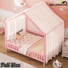 Bellemave® Twin House BedFrame with Canopy, Montessori Floor Bed, House Bed with Rails for Kids, Natural - Bellemave