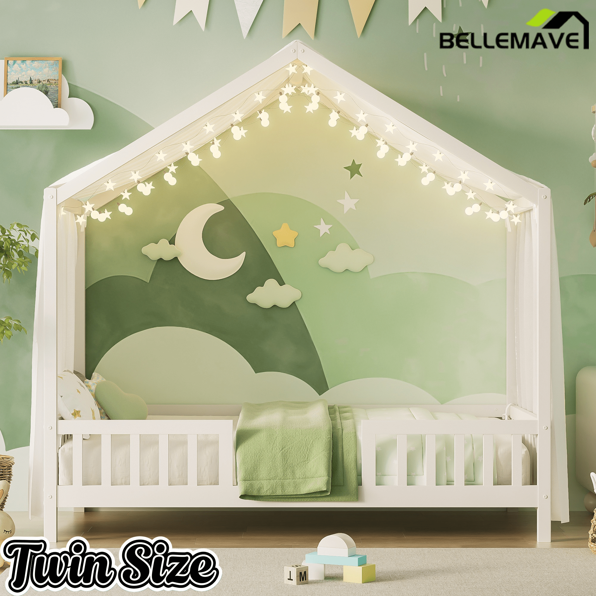 Bellemave® Twin House BedFrame with Canopy, Montessori Floor Bed, House Bed with Rails for Kids, Natural - Bellemave