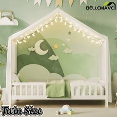 Bellemave® Twin House BedFrame with Canopy, Montessori Floor Bed, House Bed with Rails for Kids, Natural - Bellemave